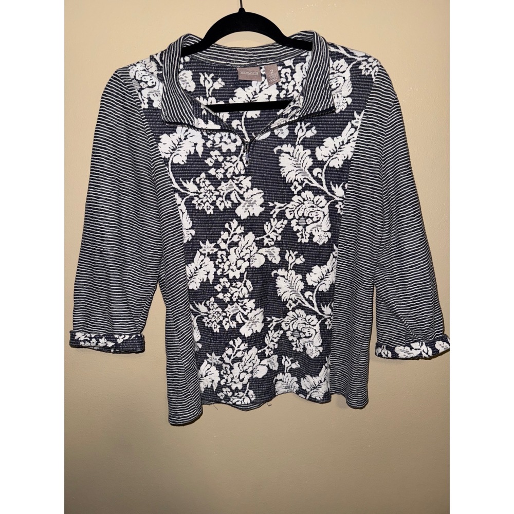 Chicos Navy White Floral Stripe Quarter Zip Pullover Top 2/L 3/4 Sleeve Nautical